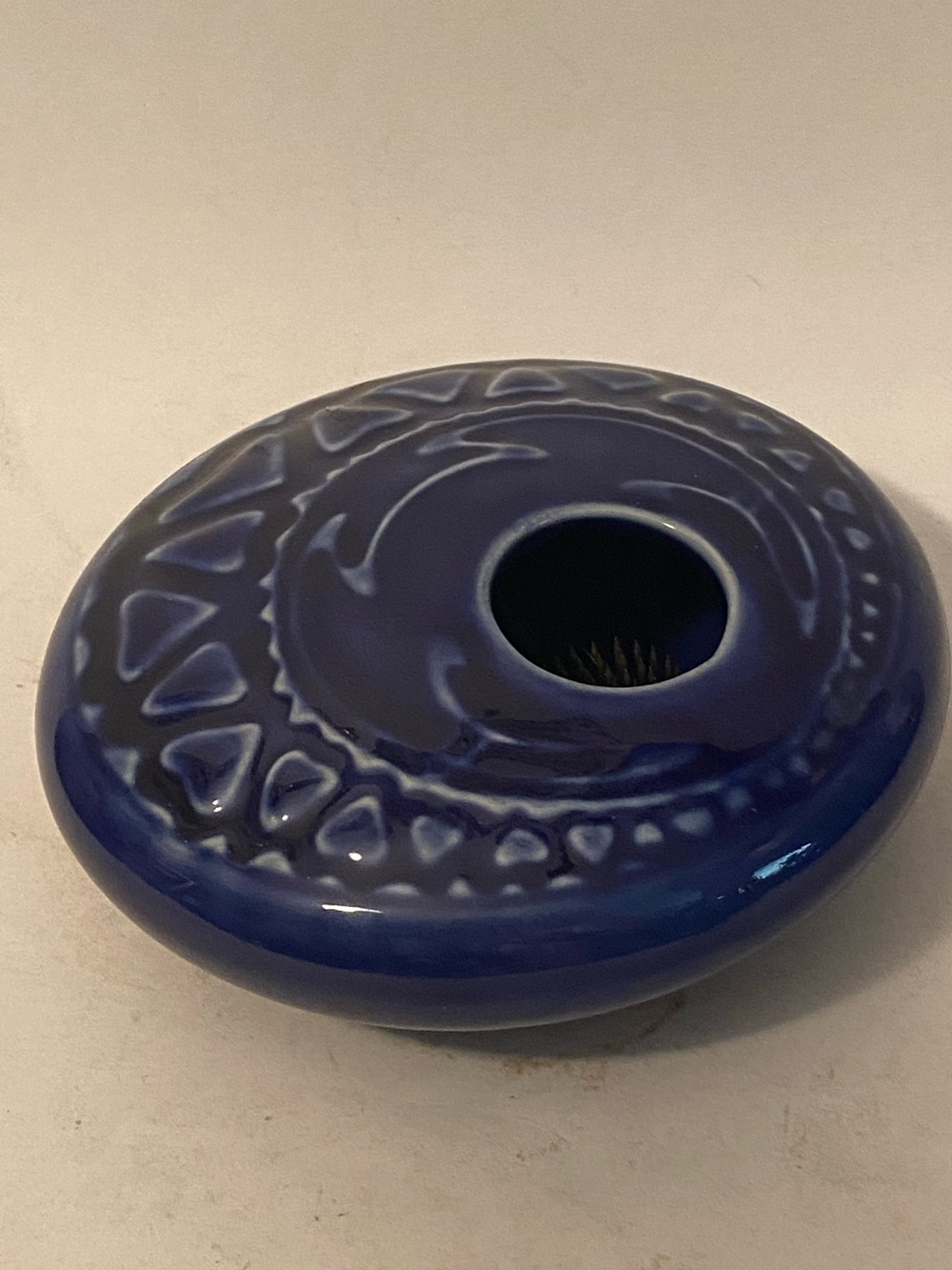 Hobbs Ceramic Ikebana Flower Frog Orb Vase in Deep Blue
